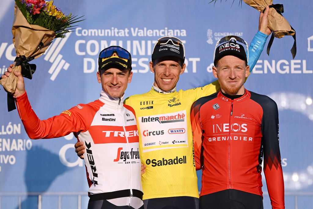 The 2023 Volta Comunitat Valenciana podium: Giulio Ciccone, Rui Costa and Tao Geoghegan Hart