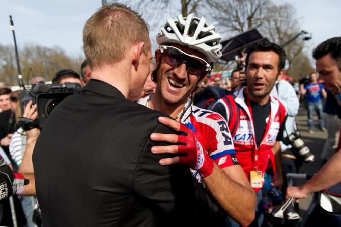 Dani Moreno (Katusha) celebrates his win in Fleche Wallonne