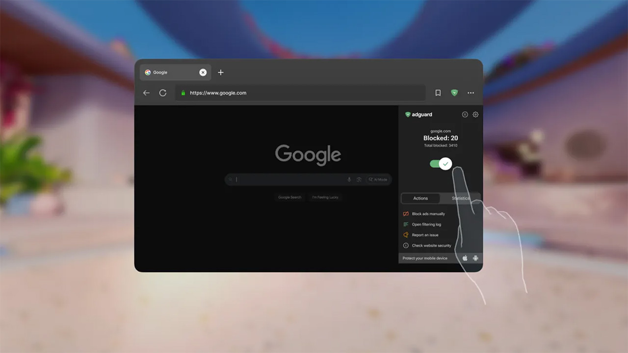 Image of AdGuard's blocking extension in-use in VR