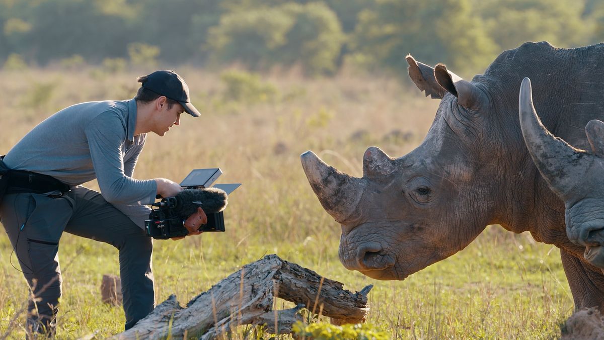 Sean Viljoen using the Blackmagic Pyxis 6K to capture a rhino on a grassy plain