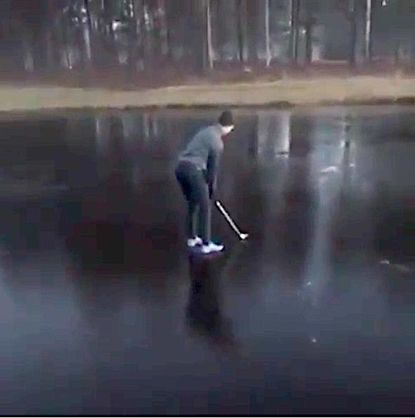 A man golfs on ice, regrets it
