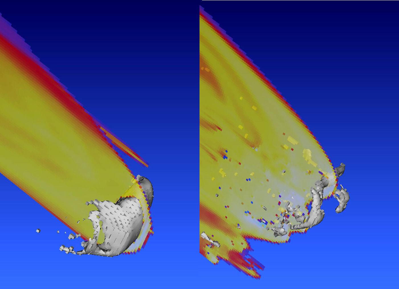 A computer simulation of asteroid 2008 TC3's atmospheric entry and break-up.