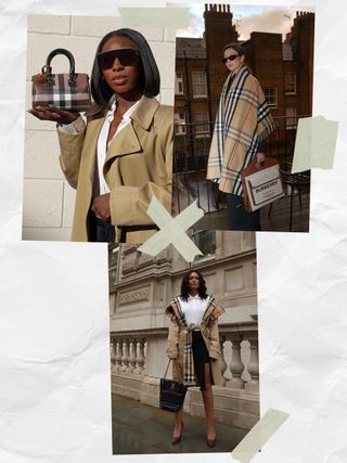 a collage of women wearing burberry bags