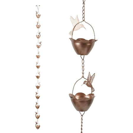 Topadorn Rain Chain, 8.5 Ft Collector Cups and Hummingbird Metal Rain Chain, Functional and Decorative Replacement for Gutter Downspouts, Adjustable, Antique Gold