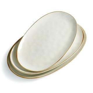 Famiware Serving Platter, Oval 15.59/14.3/12.9 Inch Serving Dishes for Entertaining, Serving Bowls, Microwave Safe, Stonware Serving Trays for Party, Turkey, Cheese, Ocean Series, Vanilla White