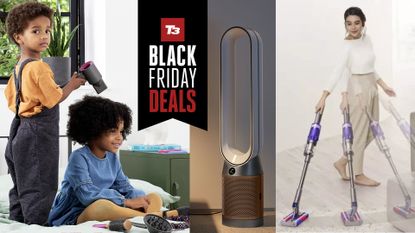 Montage of Dyson hair dryer, fan and vacuum cleaner to illustrate Black Friday Dyson deals article