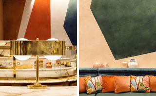 Left: gold stand on table / Right: grey seating area with orange patterned cushions