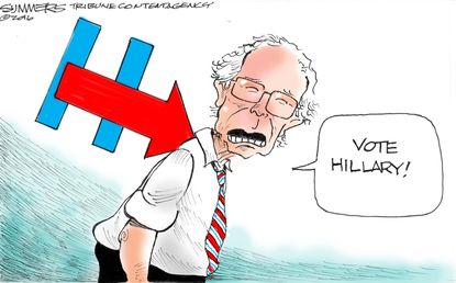 Political cartoon U.S. Bernie Sanders sad Hillary Clinton support nomination