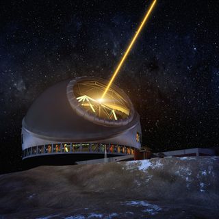 An artist's depiction of the Thirty Meter Telescope using a laser to create a guide star, which allows the telescope to better understand how the atmosphere is interfering with measurements.