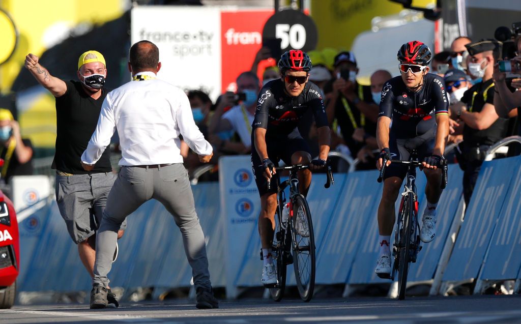 LA ROCHESURFORON FRANCE SEPTEMBER 17 Arrival Richard Carapaz of Ecuador and Team INEOS Grenadiers Michal Kwiatkowski of Poland and Team INEOS Grenadiers Celebration Fans Public Run during the 107th Tour de France 2020 Stage 18 a 175km stage from Mribel to La Roche sur Foron 543m TDF2020 LeTour on September 17 2020 in La RochesurForon France Photo by Stephane Mahe PoolGetty Images