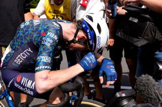 Stage winner Jonas Vingegaard Hansen of Denmark and Team Visma-Lease a Bike reacts after winning stage 11 at the Tour de France 2024 