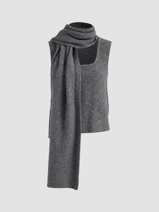 Wool-Blend Square Neck Solid Knitted Tank Top With Scarf