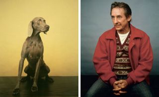 Two photos, one of a dog and another of the artist William Wegman