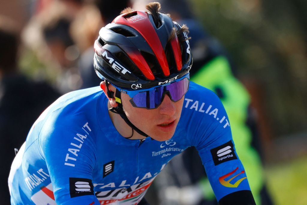 Race leader Team UAE Emirates Tadej Pogacar of Slovenia rides during the 5th stage of the Tirreno Adriatico cycling race 155 km from Sefro to Fermo on March 11 2022 Photo by Luca Bettini AFP Photo by LUCA BETTINIAFP via Getty Images