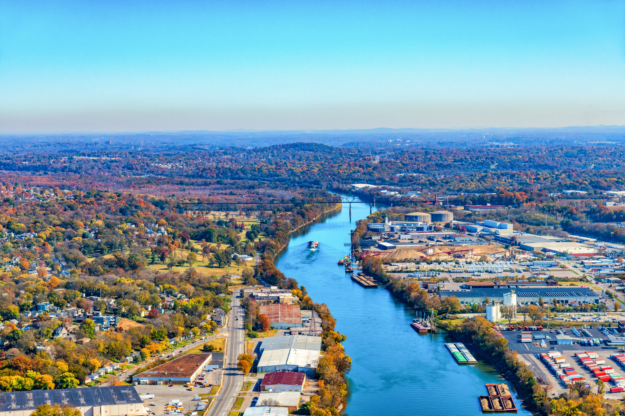 The Cumberland River in Tennessee with buildings along its banks.