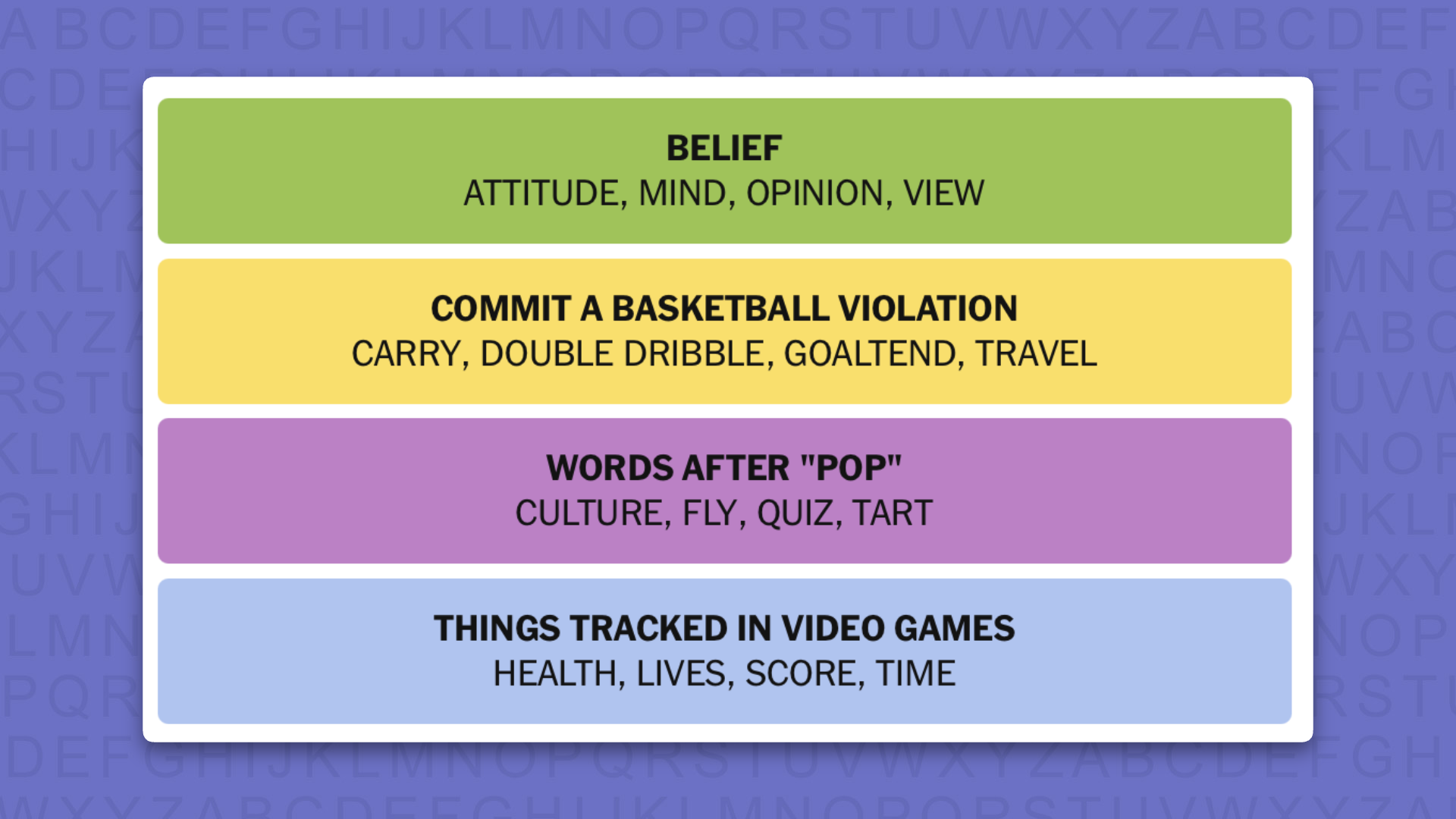 NYT Connections answers for game 1133 on a purple background