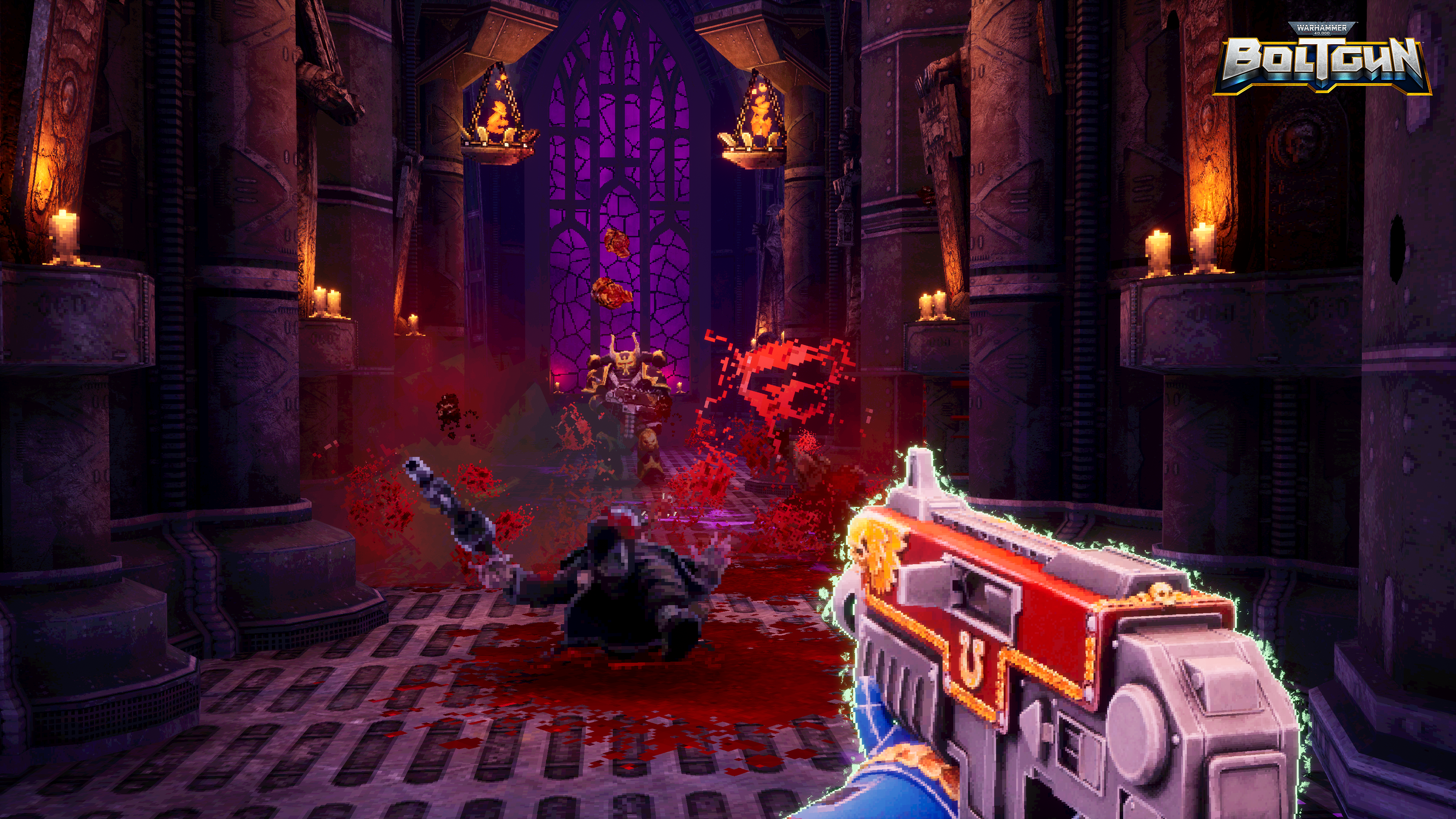 A screenshot from Warhammer 40,000: Boltgun, showing the player fighting enemies in-game.