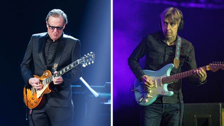 On the left, Joe Bonamassa plays a Gibson Les Paul Standard, while Eric Johnson plays a Daphne Blue Fender Strat on the right.