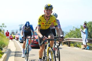 PICO VILLUERCAS, SPAIN - AUGUST 20: Sepp Kuss of The United States and Team Visma | Lease a Bike competes during the La Vuelta - 79th Tour of Spain 2024, Stage 4 a 170.5km stage from Plasencia to Pico Villuercas 1544m / #UCIWT / on August 20, 2024 in Pico Villuercas, Spain. (Photo by Tim de Waele/Getty Images)