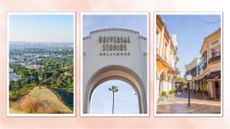 view of Los Angeles from above, Universal Studios Hollywood sign and shops in The Grove on a light pink background