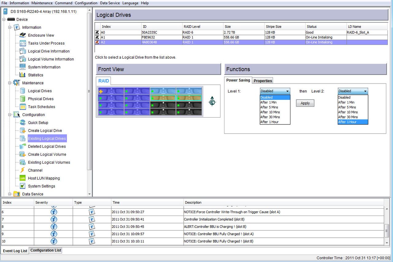 Two power saving settings can be applied to logical drives to spin down the hard disks during periods of inactivity.