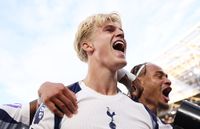 Liverpool and Aston Villa target Lucas Bergvall of Tottenham Hotspur celebrates scoring his team's second goal during the Premier League match between West Ham United and Tottenham Hotspur at London Stadium on September 13, 2025 in London, England.
