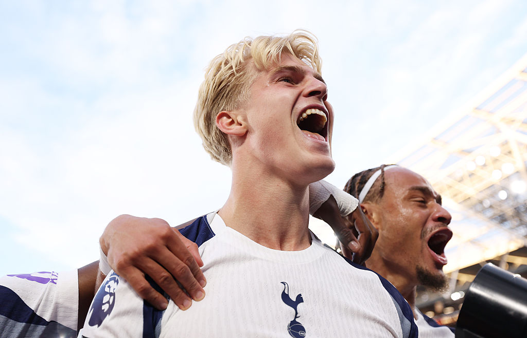 Liverpool and Aston Villa target Lucas Bergvall of Tottenham Hotspur celebrates scoring his team's second goal during the Premier League match between West Ham United and Tottenham Hotspur at London Stadium on September 13, 2025 in London, England.