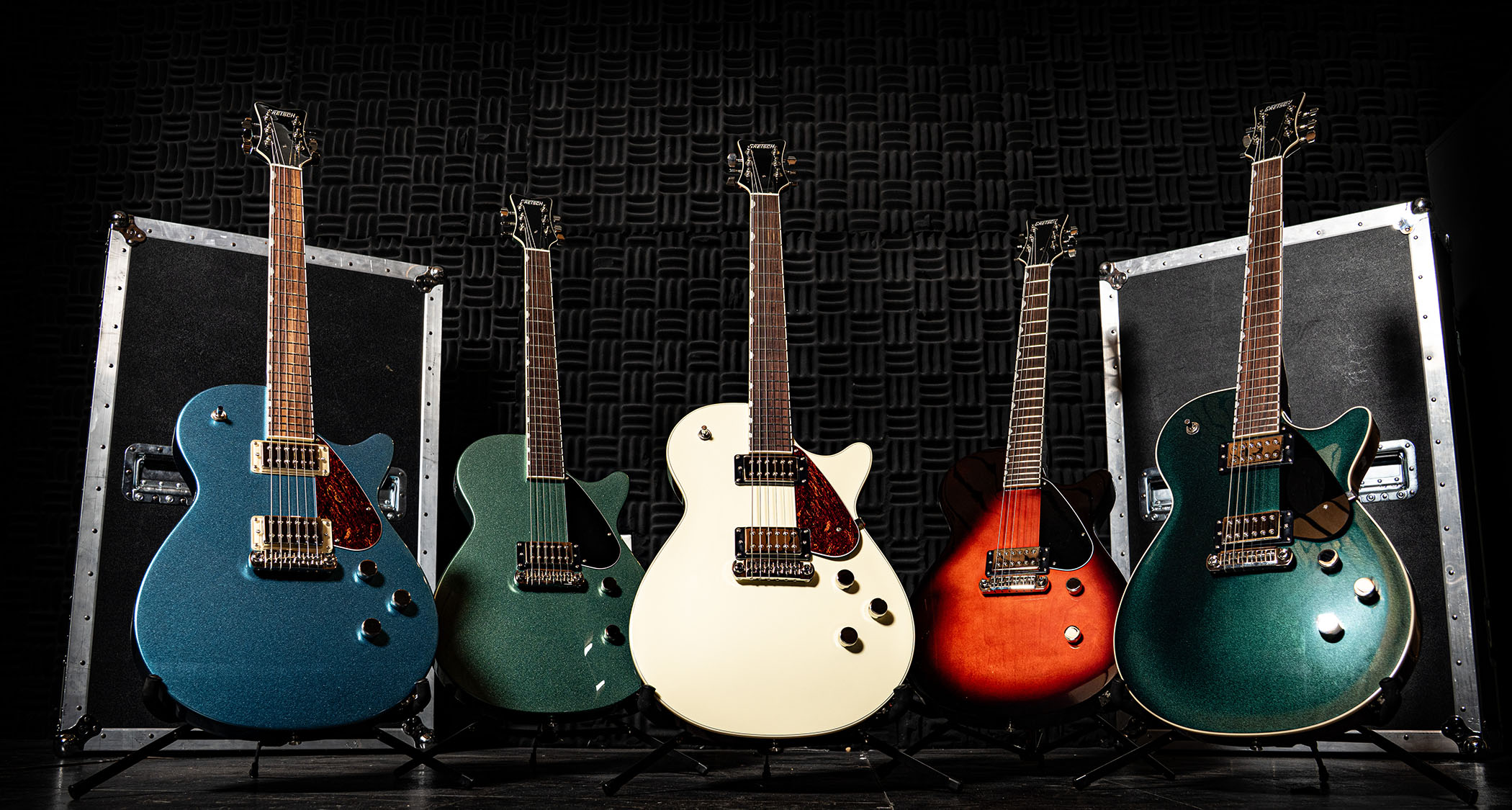 A family photo of the newly refreshed Gretsch Electromatic Jet singlecut electric guitars, in various classic and bold finishes.