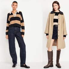 model wears rugby shirt and utlity denim and loafers, another model wears trench coat with contrast collar a striped sweater, black skirt and tall brown riding boots, and last model wears black dress with gold hardware and heels