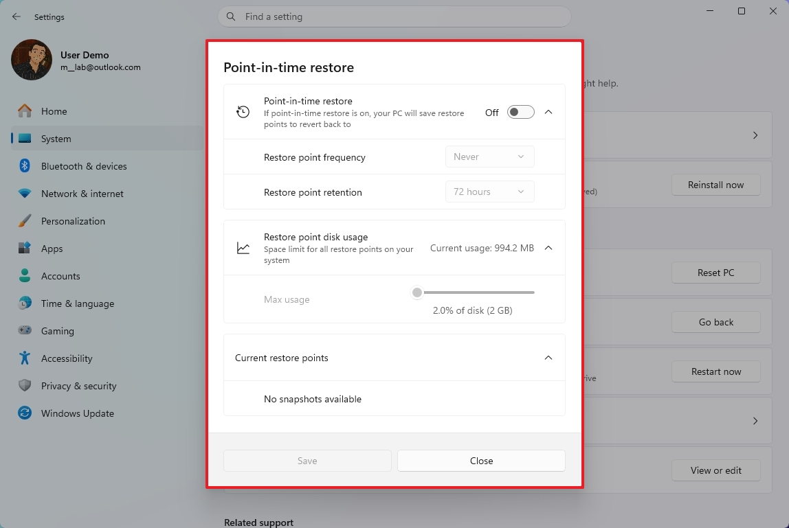 Point-in-time Restore settings