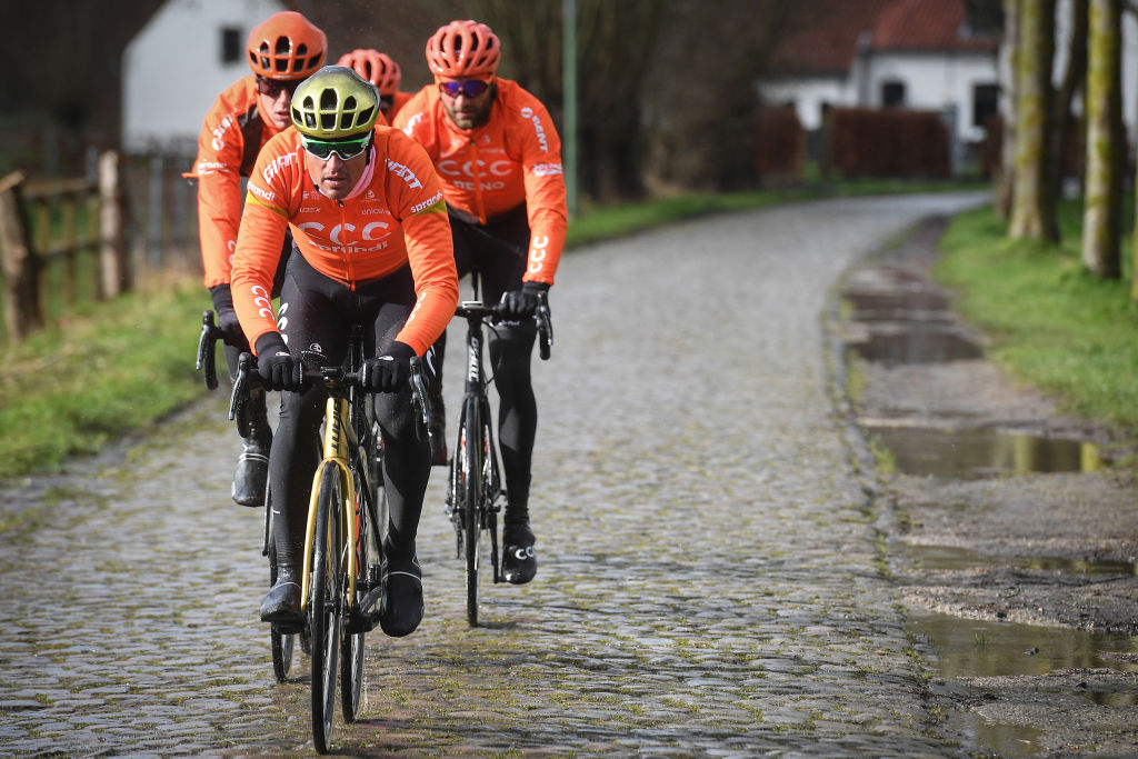 Belgian Greg Van Avermaet of CCC Team pictured in action at de Paddestraat during the reconnaissance of the track ahead of the 75th edition of the oneday cycling race Omloop Het Nieuwsblad Wednesday 26 February 2020 BELGA PHOTO DAVID STOCKMAN Photo by DAVID STOCKMANBELGA MAGAFP via Getty Images