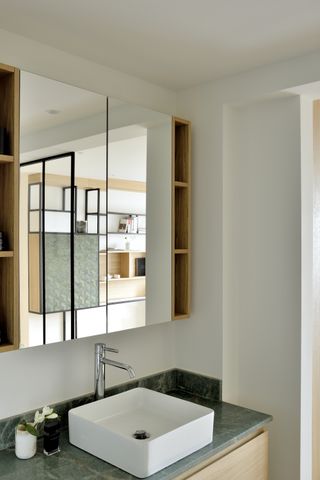 A bathroom vanity fronted with mirror