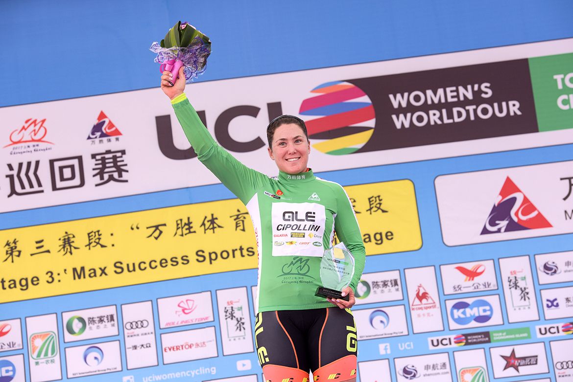 Chloe Hosking on the podium at the Tour of Chongming Island
