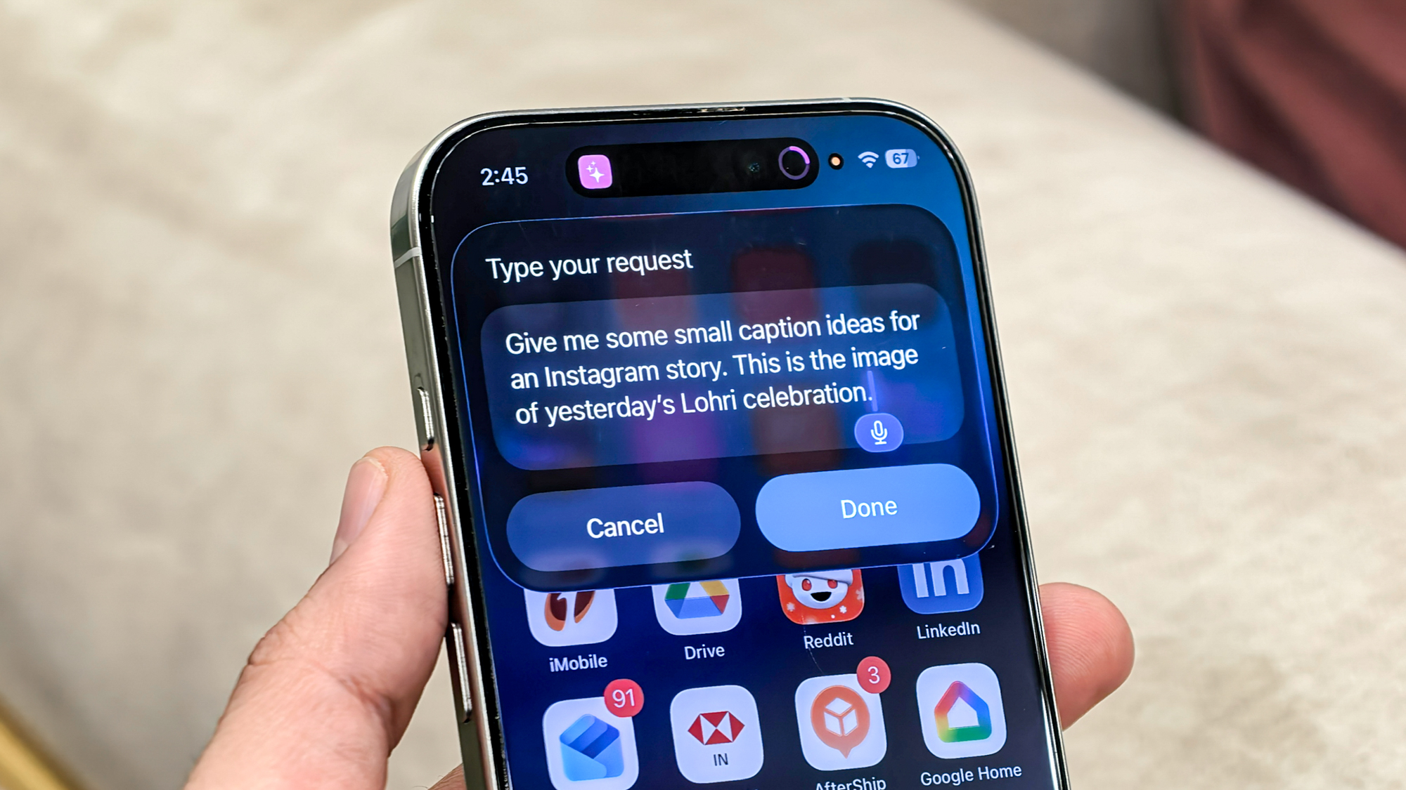 Chat with Apple Intelligence shortcut, with a prompt