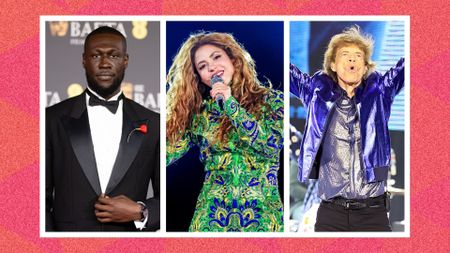 an image of stormzy, shakira, and mick jagger spliced together against a pink patterned background