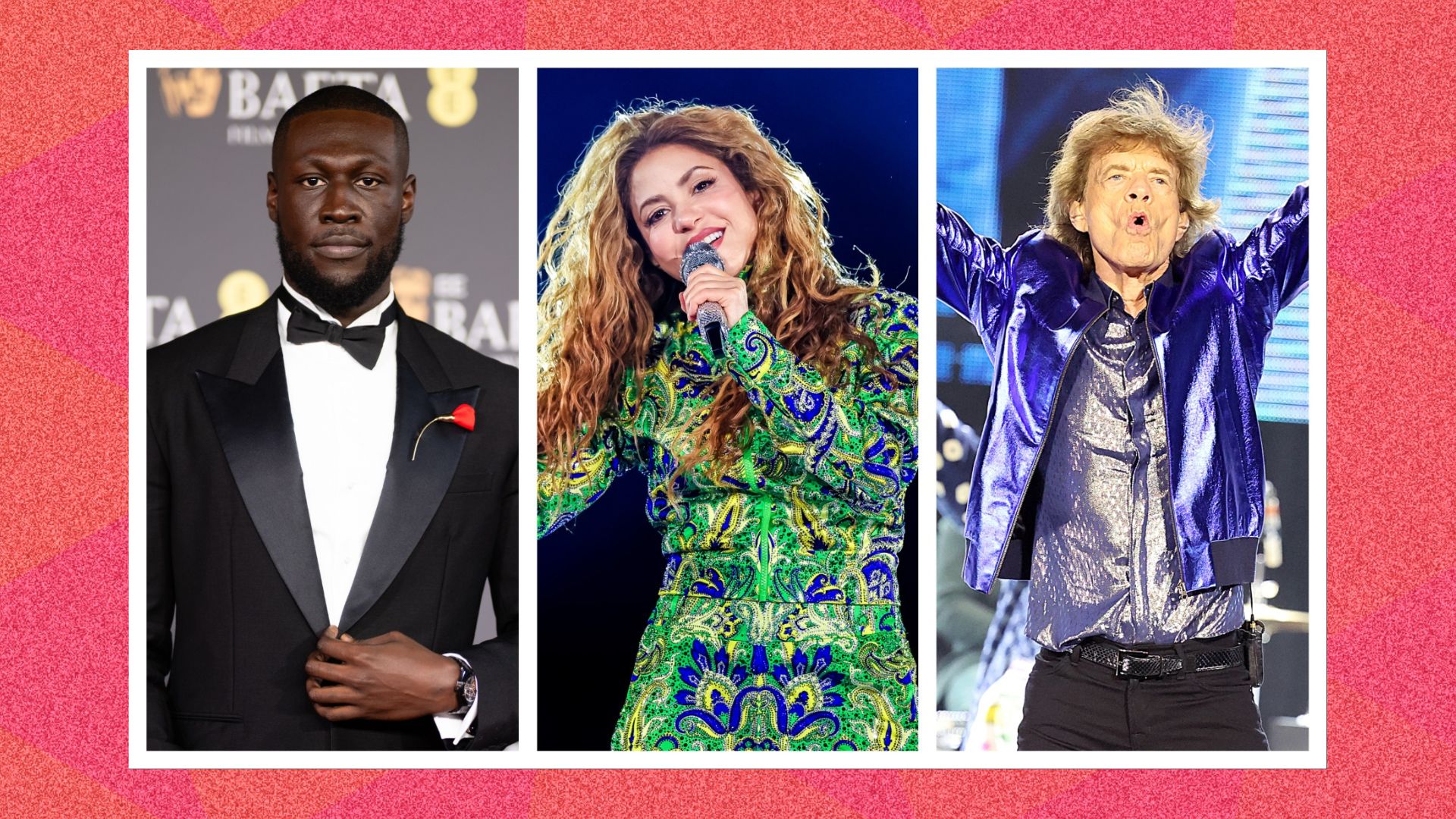 an image of stormzy, shakira, and mick jagger spliced together against a pink patterned background