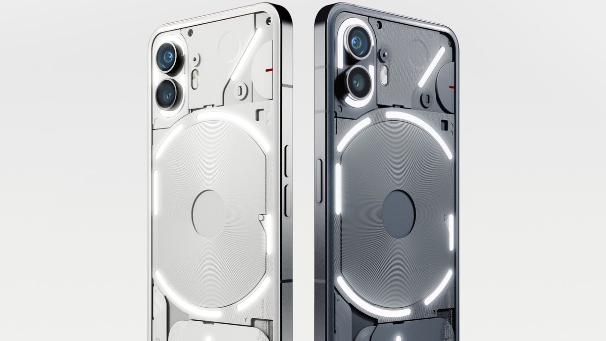 The Nothing Phone (2) in white and dark gray.