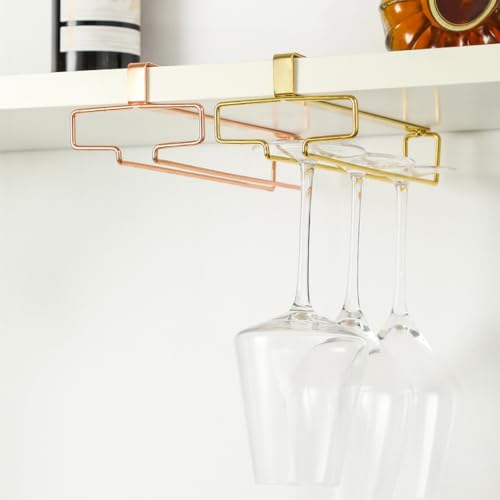 Linfidite 2 Pack Under Cabinet Wine Glass Rack Rose Gold Wine Glass Holder Stemware Rack Hanger Kitchen Hanging Glass Storage Rack Organizer