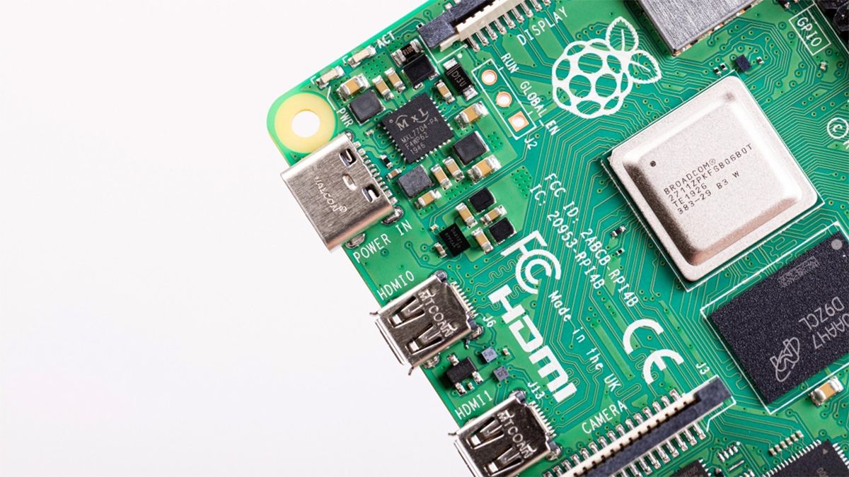 A corner of the Pi 4 board, showing the SoC.