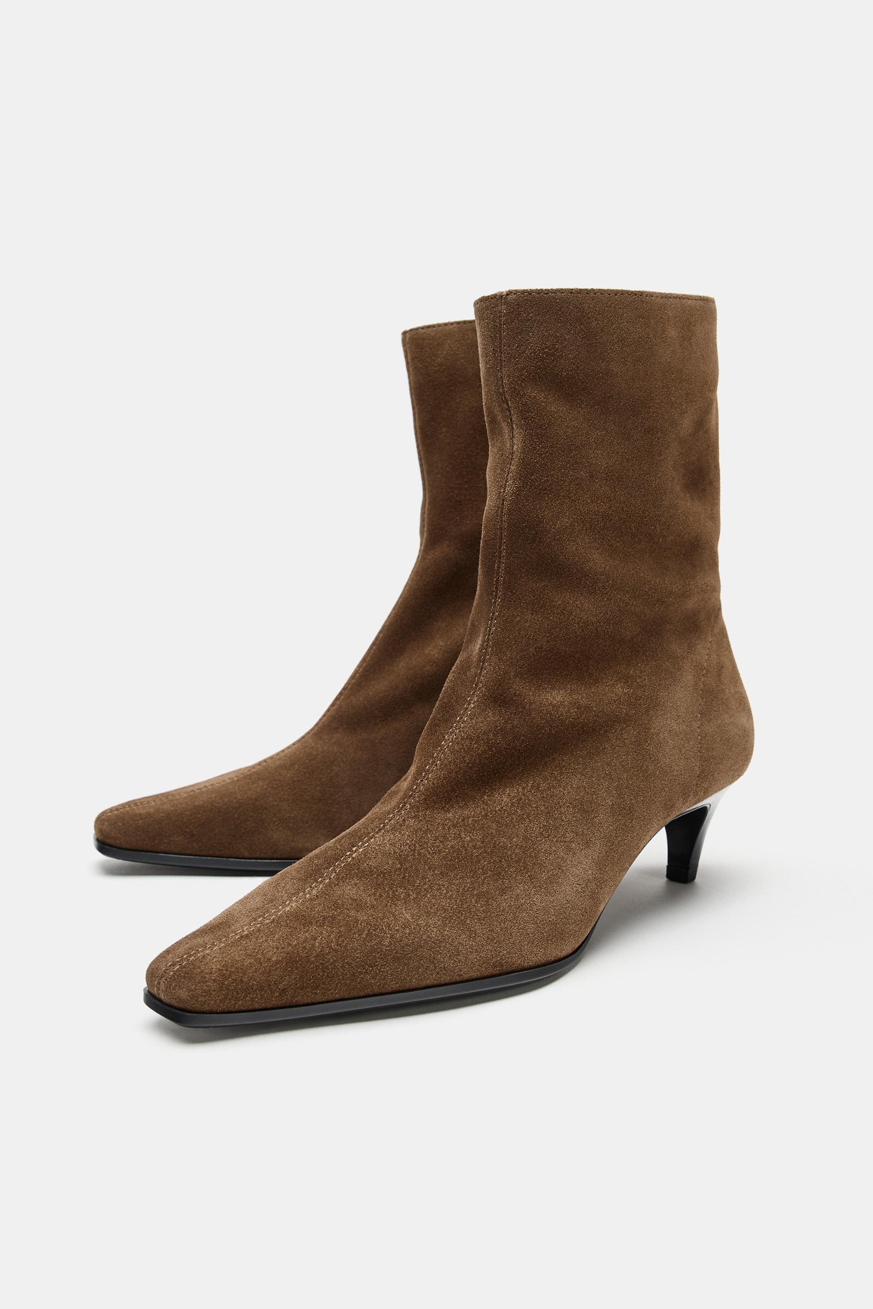 Suede Kitten Heel Ankle Boots - Brown - 5