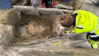 Overhead view of the Selje tomb during excavation.