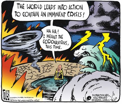Editorial Cartoon World Coronavirus COVID-19 climate crisis disaster response reporting