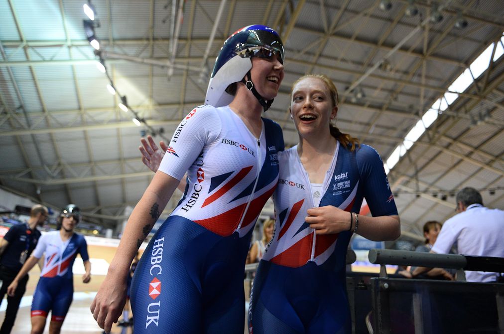 Emily Nelson and Katie Archibald of Great Britain celebrate after winning the Women's Team Pursuit