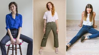 A composite of models wearing jeans made in the usa from raleigh denim workshop