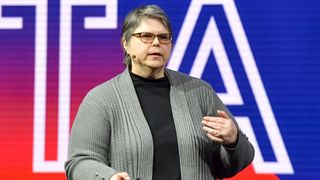 Laralyn McWilliams gives a talk on the Main Stage at the 2019 Game Developers Conference (cropped)