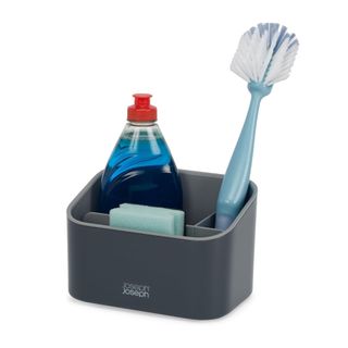 SinkStore Tiered Grey Sink Tidy with washing up liquid and cleaning brush in it