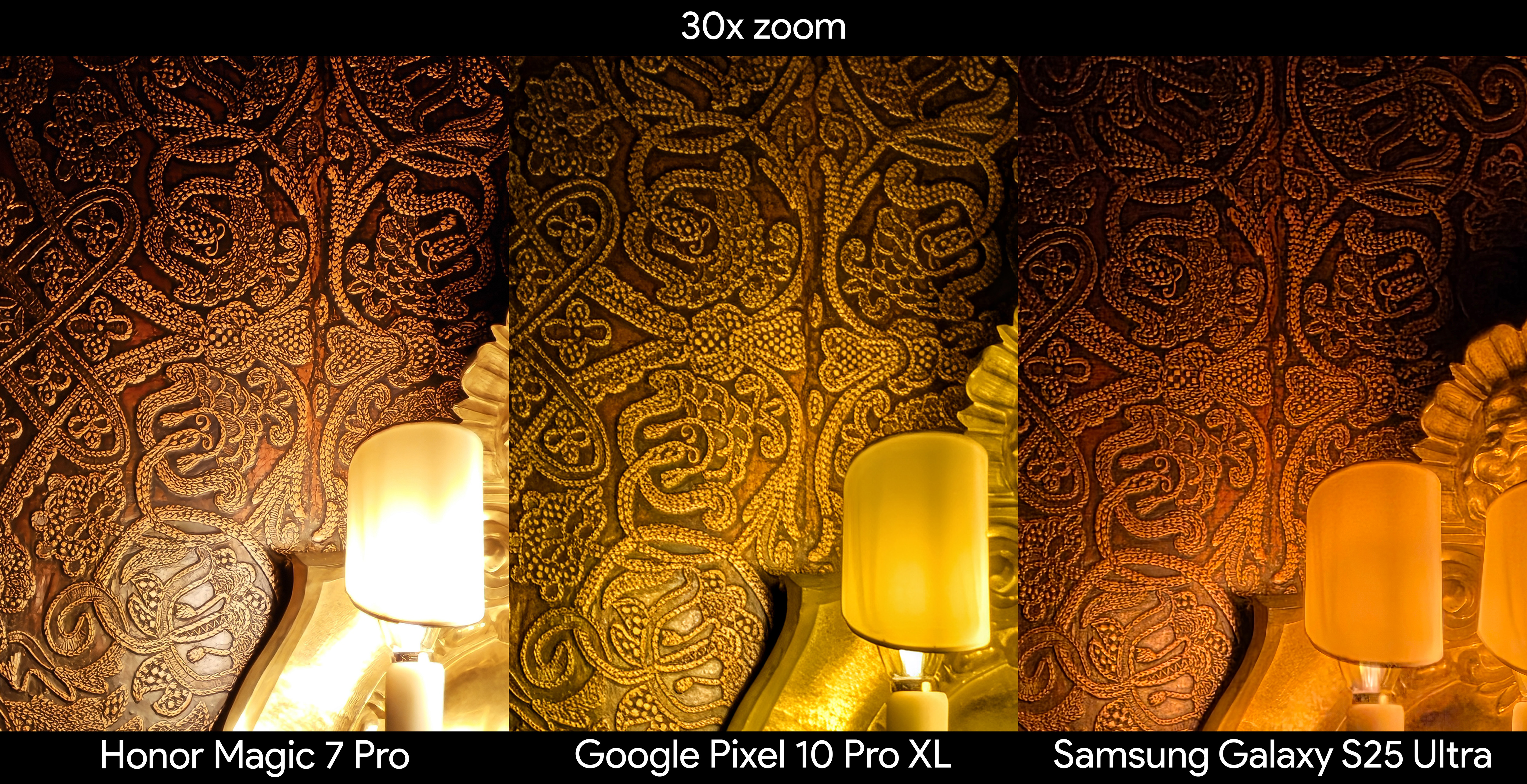 Comparing photos from the Google Pixel 10 Pro XL, Samsung Galaxy S25 Ultra, and Honor Magic 7 Pro of a dimly lit leather etched wall at 30x zoom