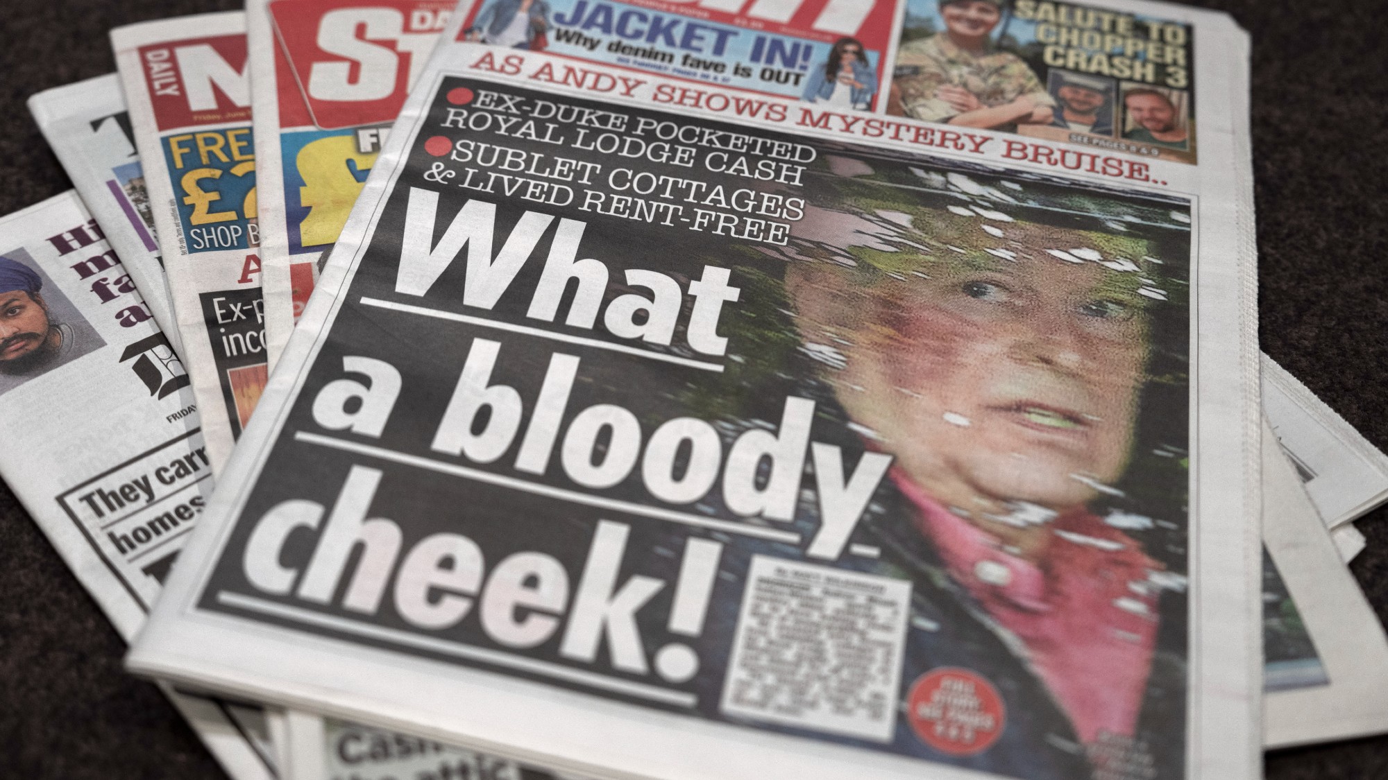The front page of the Sun newspaper, with a photo of Andrew Mountbatten-Windsor alongside the headline "What a bloody cheek!"