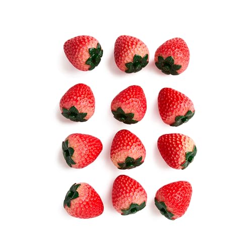 Stevie's Strawberry Rocks, Set of 12 Realistic Artificial Epoxy Strawberries, Garden Decoy Bird Deterrent