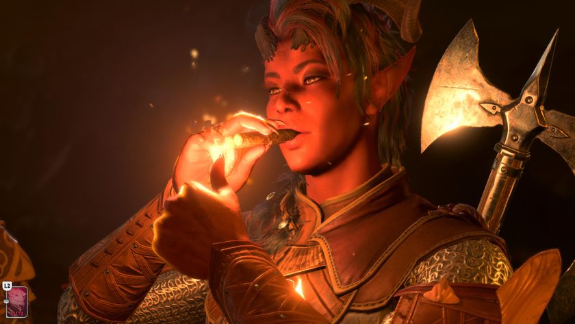 Karlach uses her fire powers to light a cigar in Baldur&#039;s Gate 3